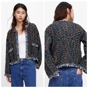 Zara multicolor knit tweed open front fringe cardigan size large